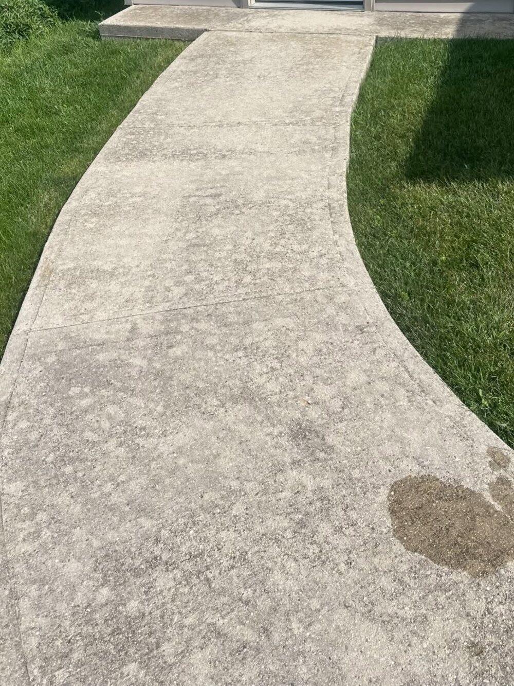 A curved concrete walkway to a shed door, dulled and mottled before cleaning